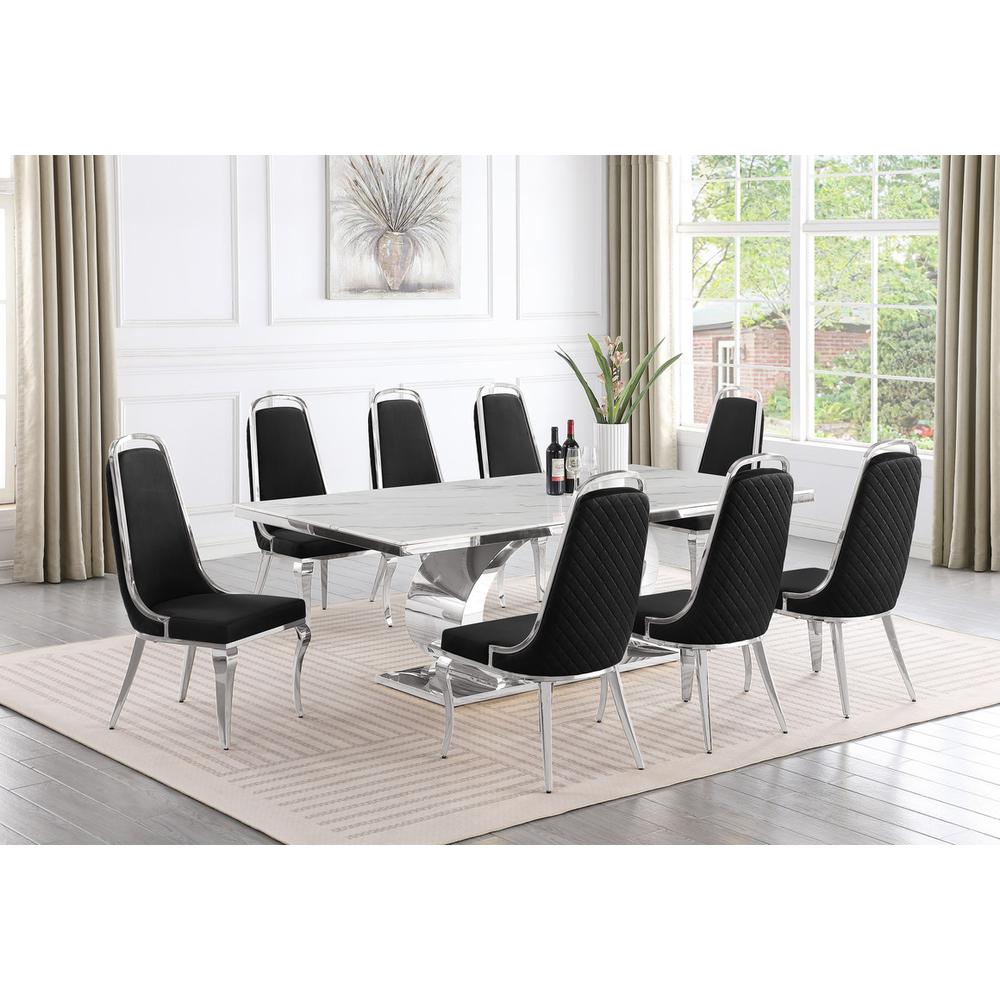 9pc Large(87″) marble top dining set with silver base and 8 Black side chairs