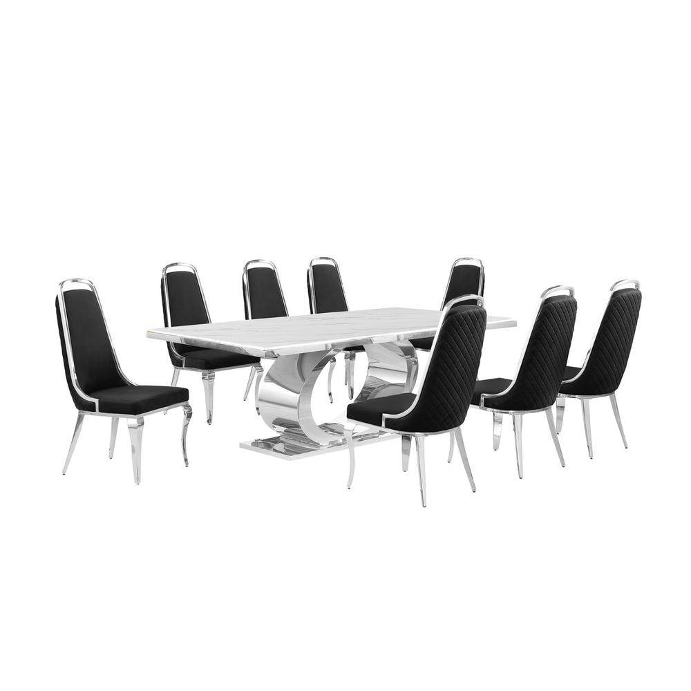 9pc Large(87″) marble top dining set with silver base and 8 Black side chairs