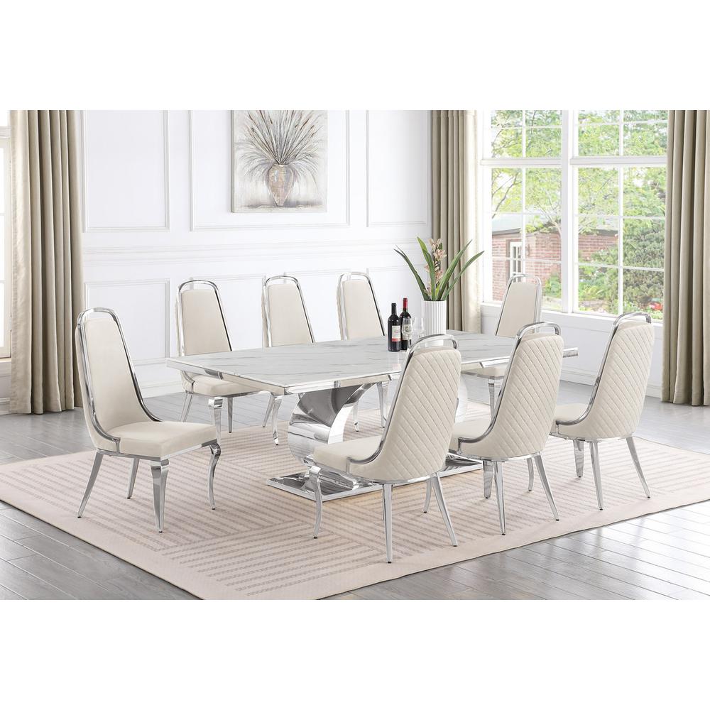 9pc Large(87″) marble top dining set with silver base and 8 Cream side chairs