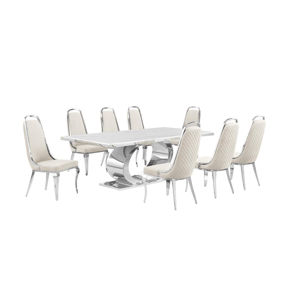 9pc Large(87″) marble top dining set with silver base and 8 Cream side chairs