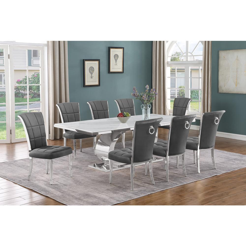 9pc Large (87″) marble top dining set with silver base and 8 Dark grey chairs