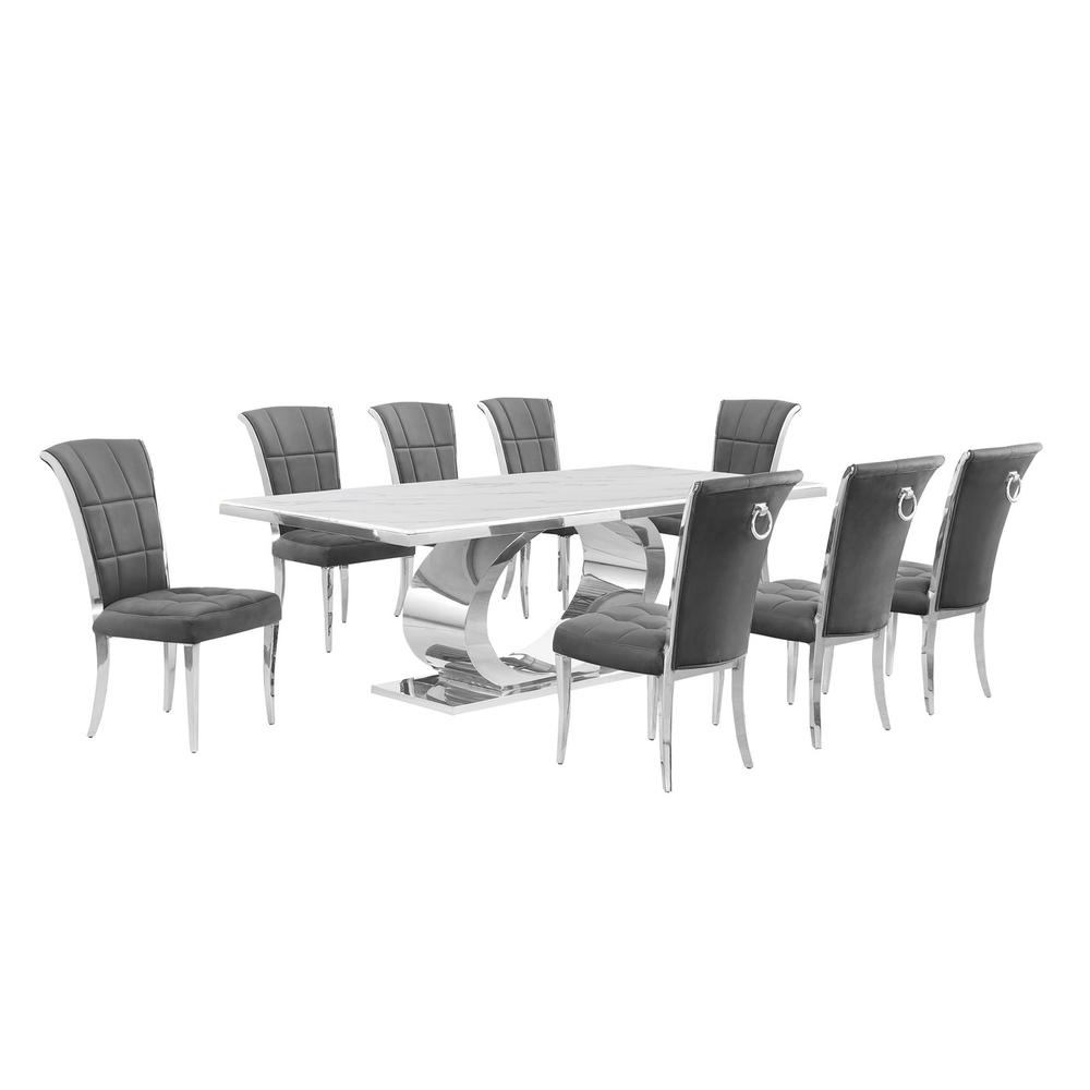 9pc Large (87″) marble top dining set with silver base and 8 Dark grey chairs