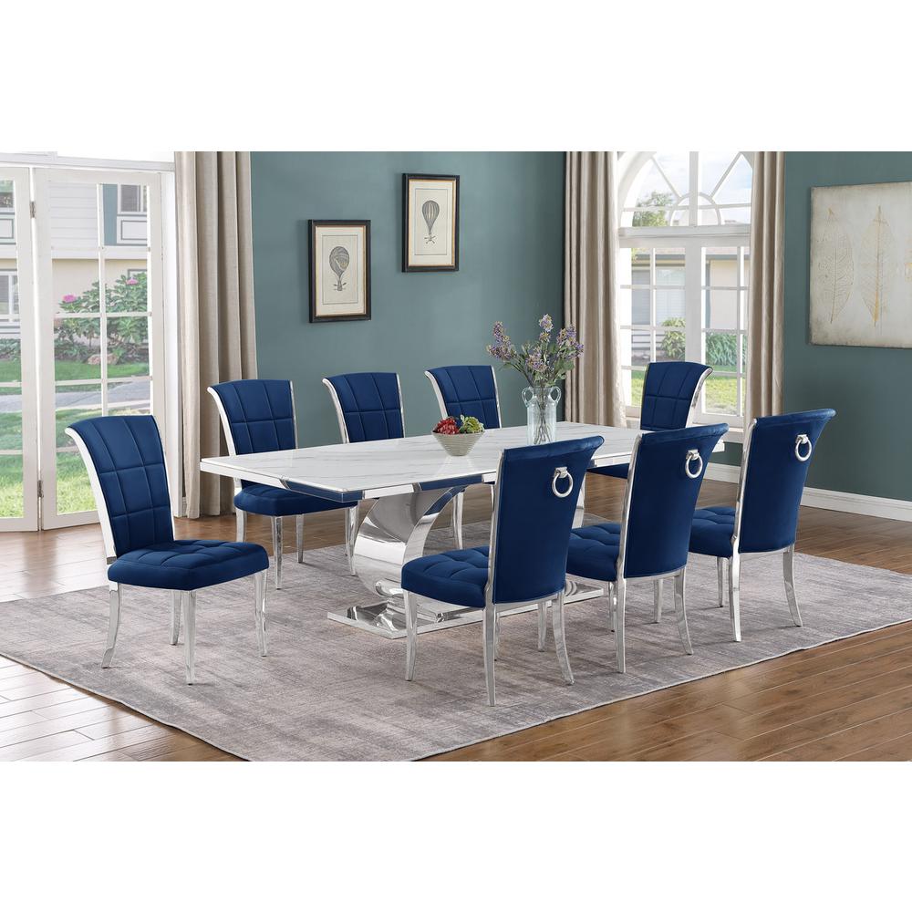 9pc Large (87″) marble top dining set with silver base and 8 Navy blue chairs
