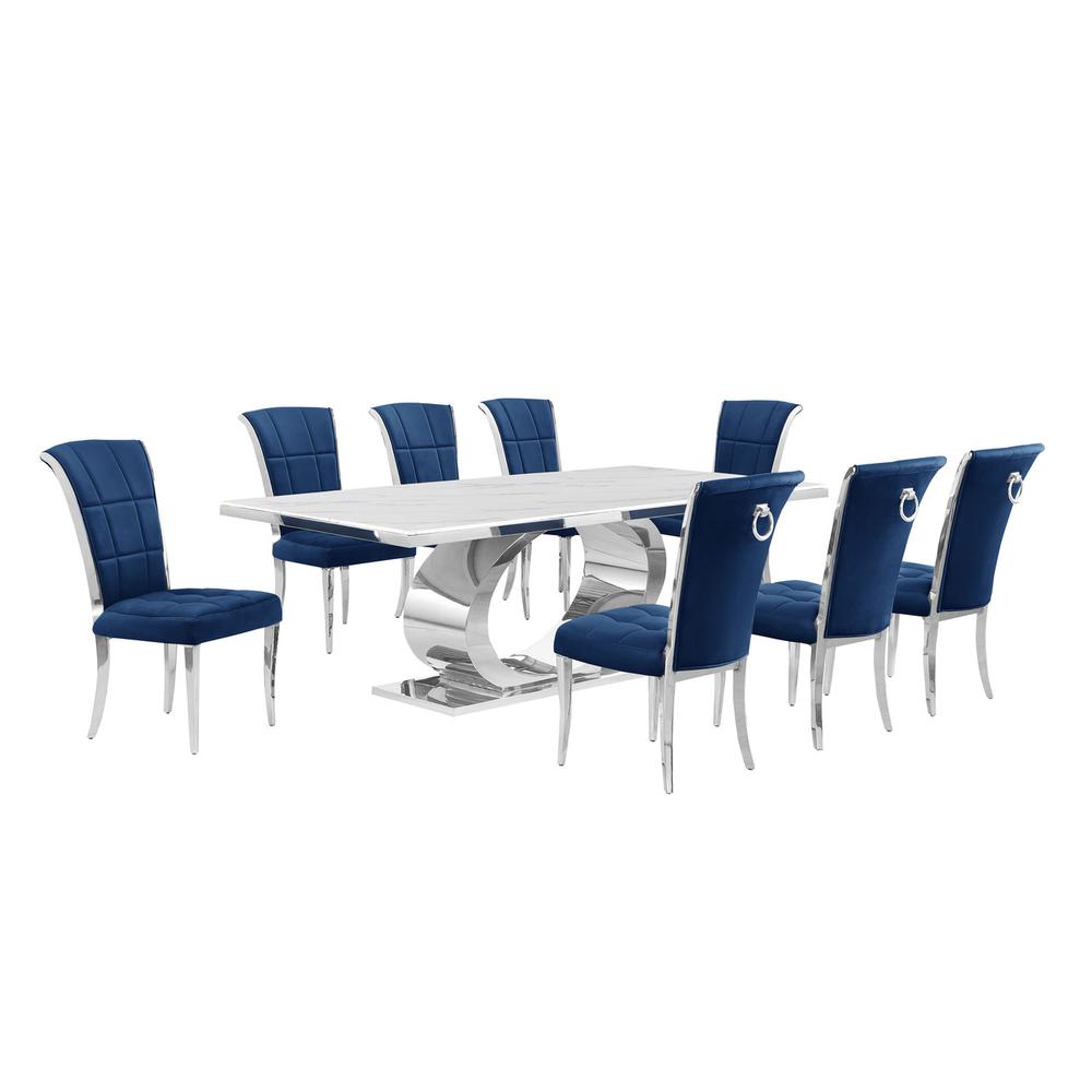 9pc Large (87″) marble top dining set with silver base and 8 Navy blue chairs