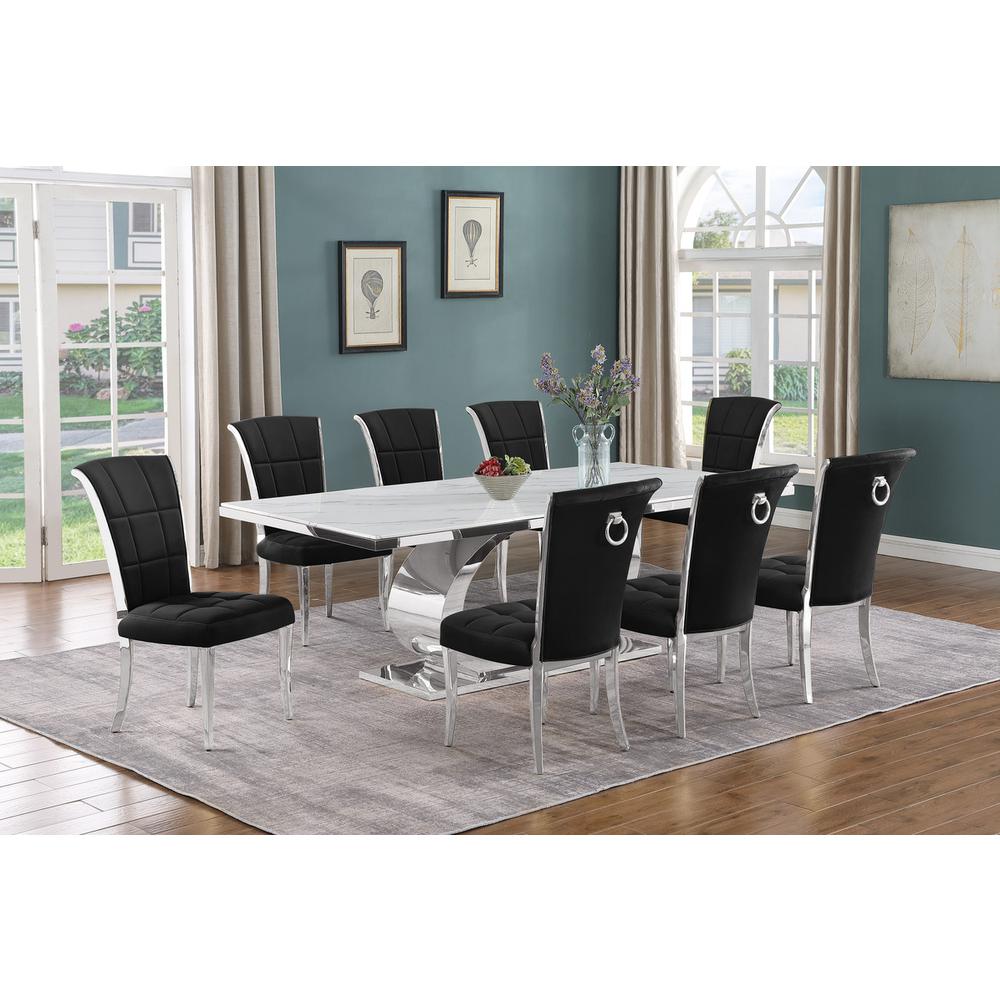 9pc Large (87″) marble top dining set with silver base and 8 Black side chairs