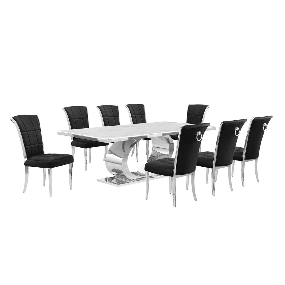9pc Large (87″) marble top dining set with silver base and 8 Black side chairs