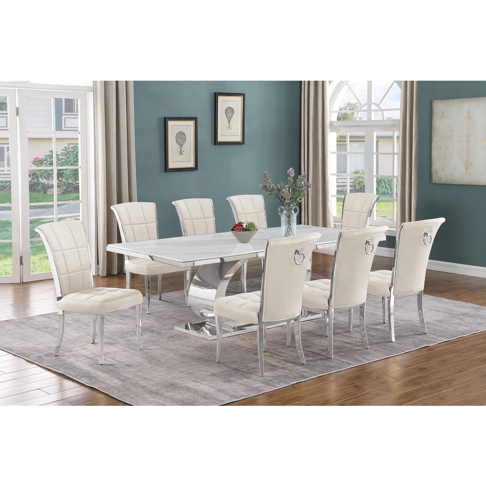 9pc Large (87″) marble top dining set with silver base and 6 Cream side chairs