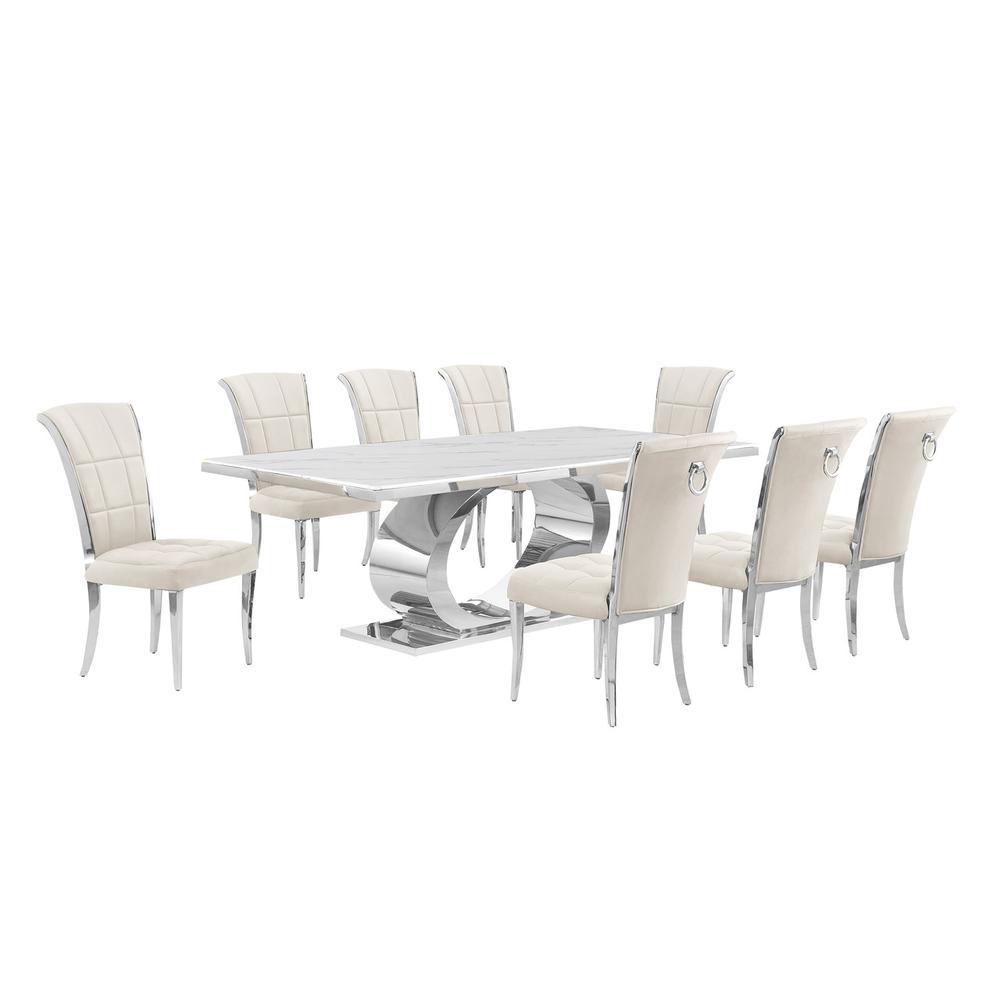 9pc Large (87″) marble top dining set with silver base and 6 Cream side chairs
