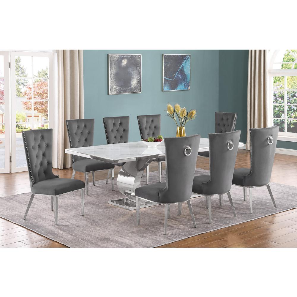 9pc Large(87″) marble top dining set with silver base and  8 Dark grey chairs