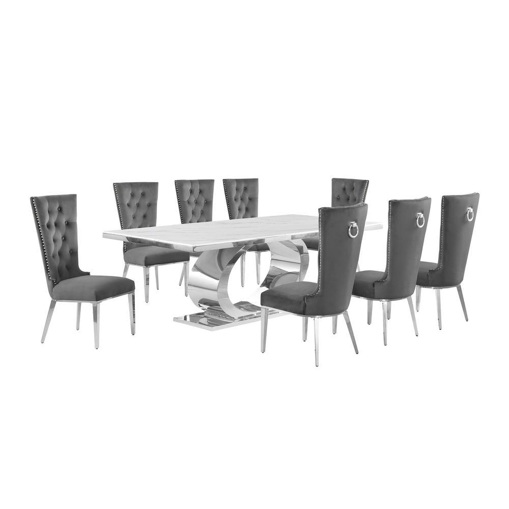 9pc Large(87″) marble top dining set with silver base and  8 Dark grey chairs
