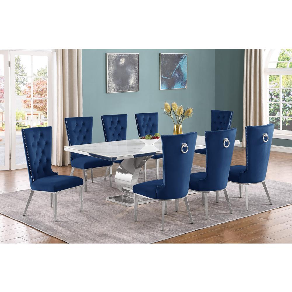9pc Large(87″) marble top dining set with silver base and  8 Navy blue chairs