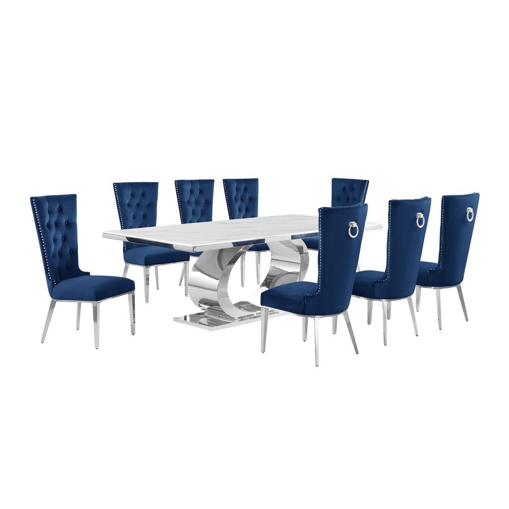 9pc Large(87″) marble top dining set with silver base and  8 Navy blue chairs
