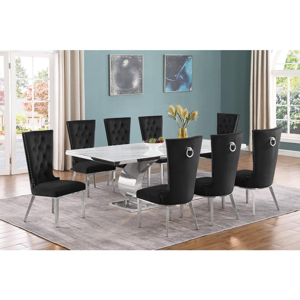 9pc Large(87″) marble top dining set with silver base and  8 Black side chairs