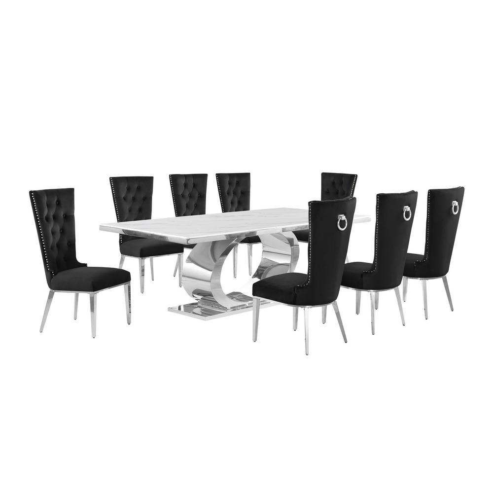 9pc Large(87″) marble top dining set with silver base and  8 Black side chairs
