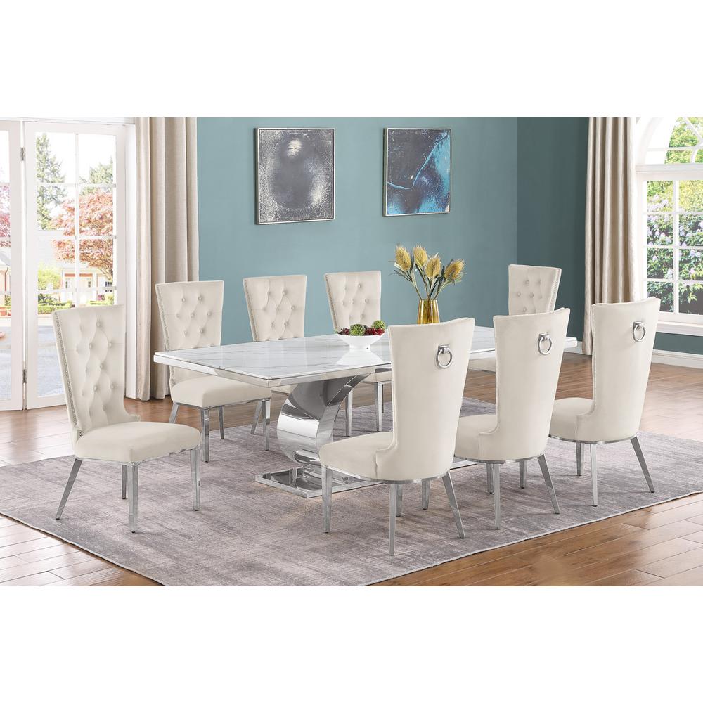 9pc Large(87″) marble top dining set with silver base and  8 Cream side chairs
