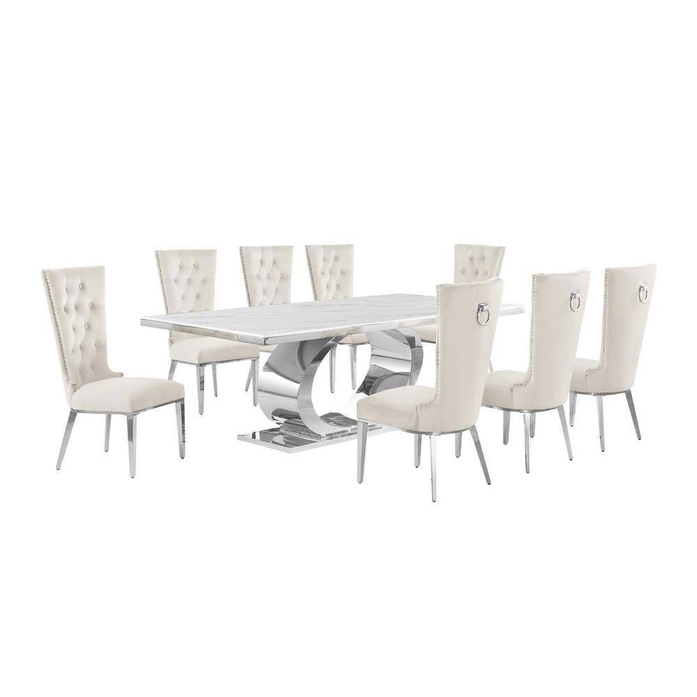 9pc Large(87″) marble top dining set with silver base and  8 Cream side chairs