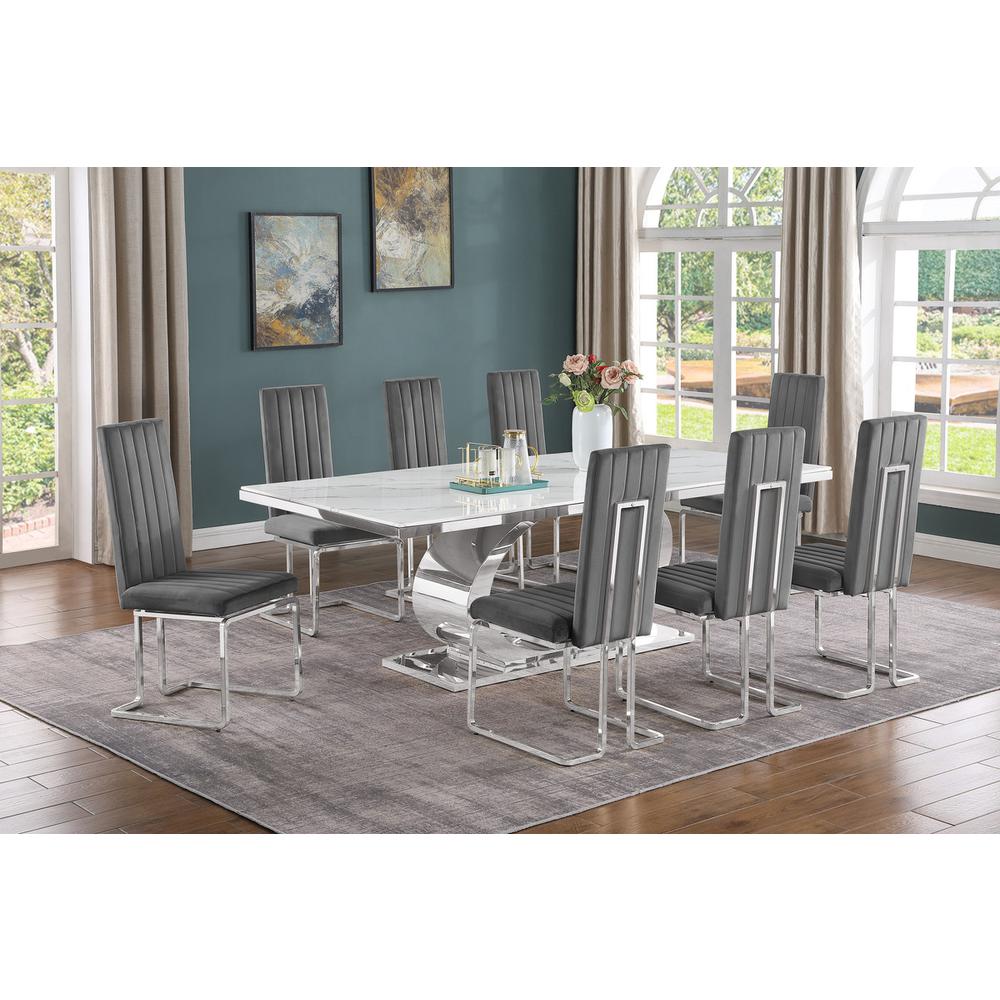 9pc Large(87″) marble top dining set with silver base and 8 Dark grey chairs