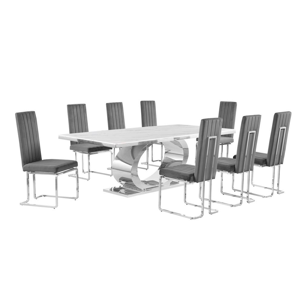 9pc Large(87″) marble top dining set with silver base and 8 Dark grey chairs