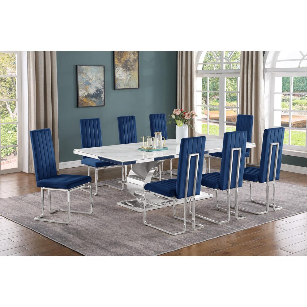 9pc Large(87″) marble top dining set with silver base and 8 Navy blue chairs