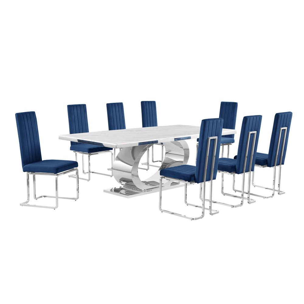 9pc Large(87″) marble top dining set with silver base and 8 Navy blue chairs