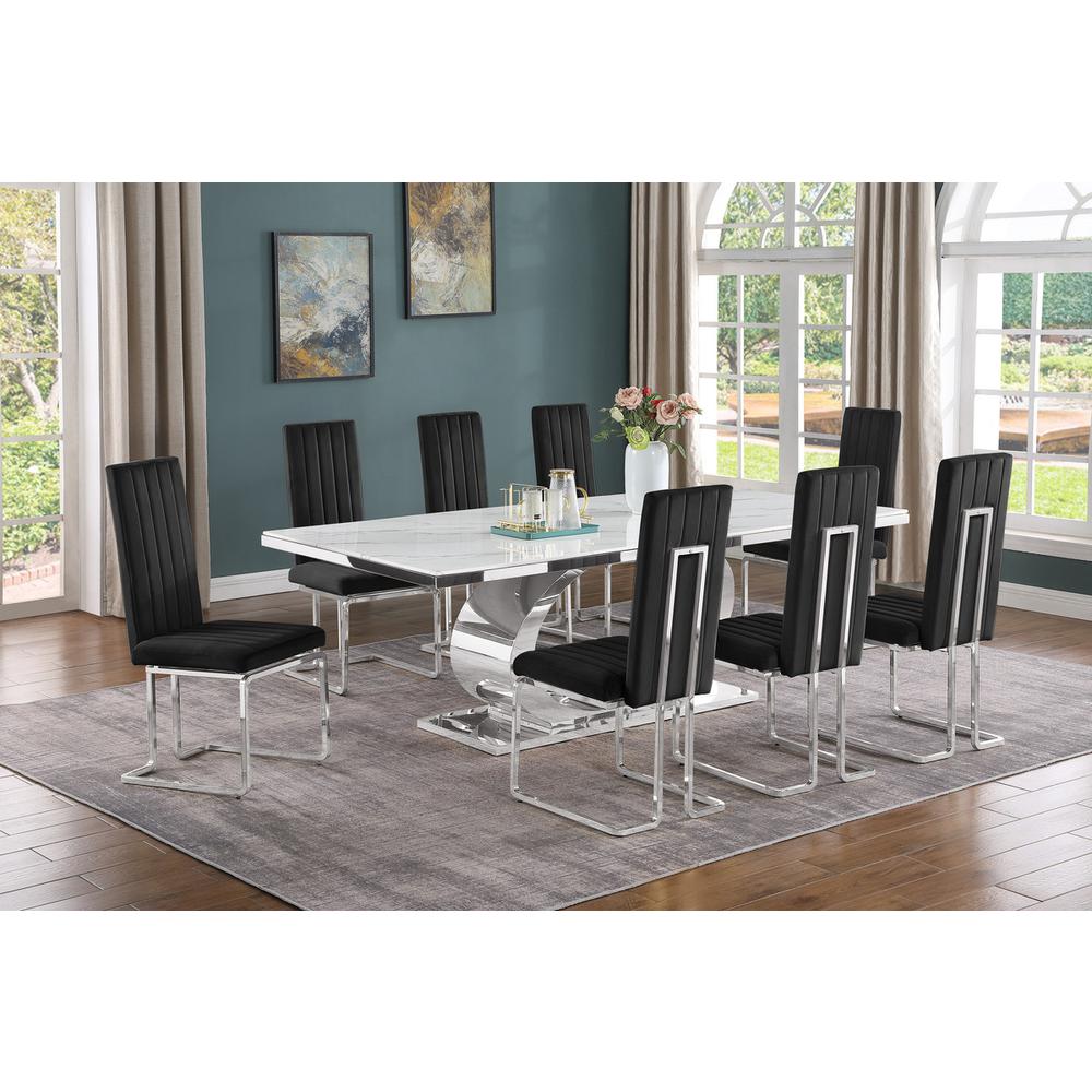 9pc Large(87″) marble top dining set with silver base and 8 Black side chairs