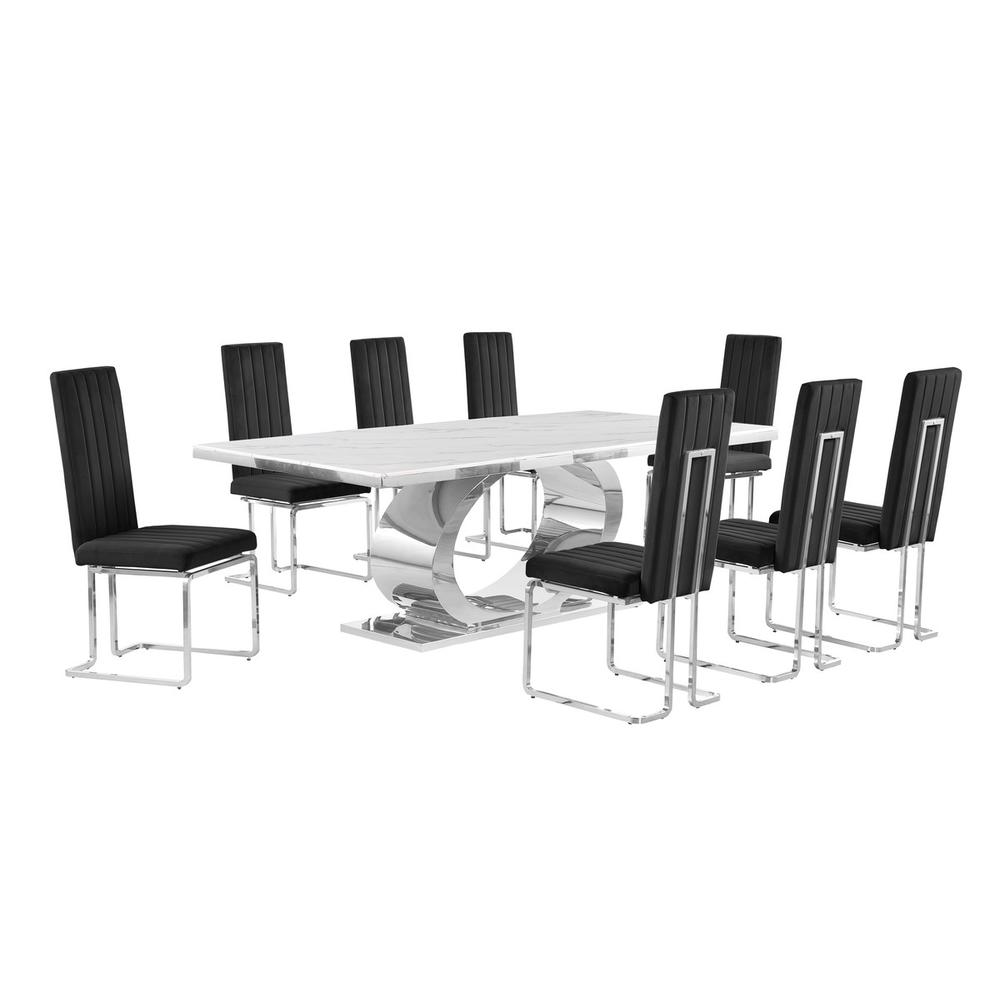 9pc Large(87″) marble top dining set with silver base and 8 Black side chairs