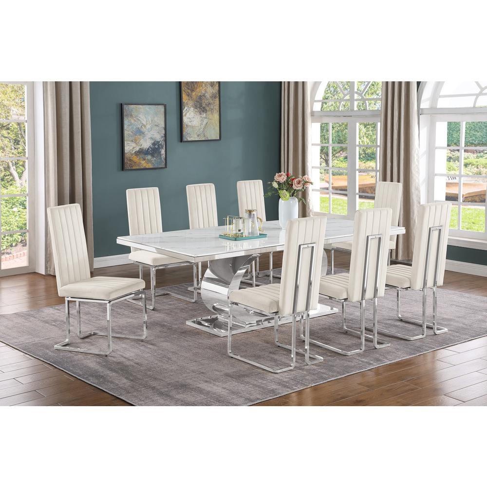 9pc Large(87″) marble top dining set with silver base and 8 Cream side chairs