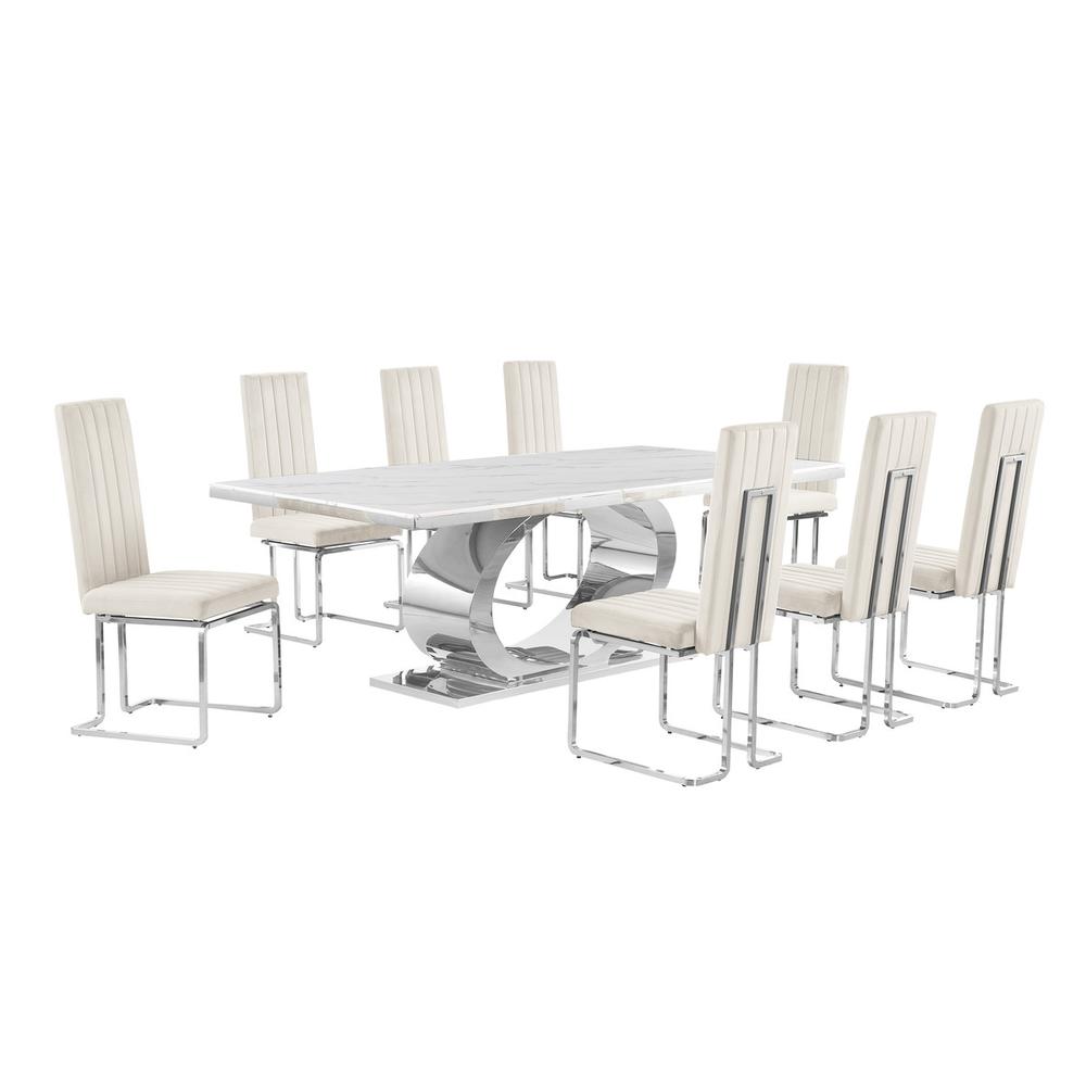 9pc Large(87″) marble top dining set with silver base and 8 Cream side chairs