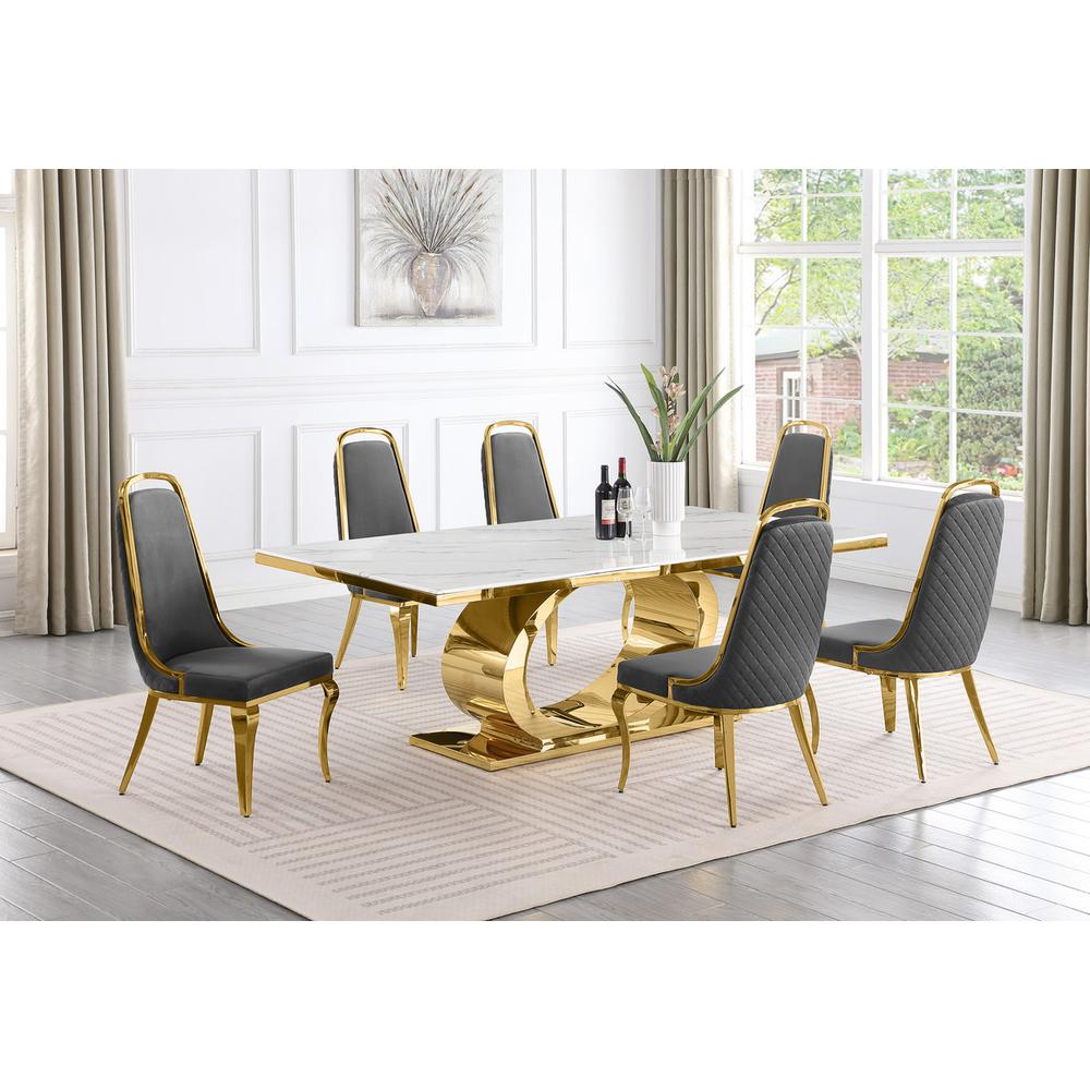 7pc Large (87″) marble top dining set with gold base and 6 Dark grey side chairs