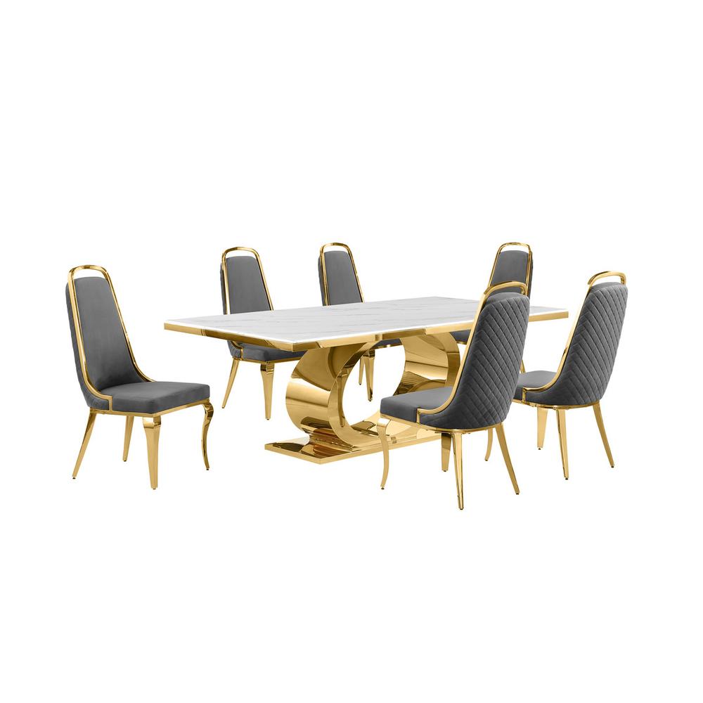 7pc Large (87″) marble top dining set with gold base and 6 Dark grey side chairs