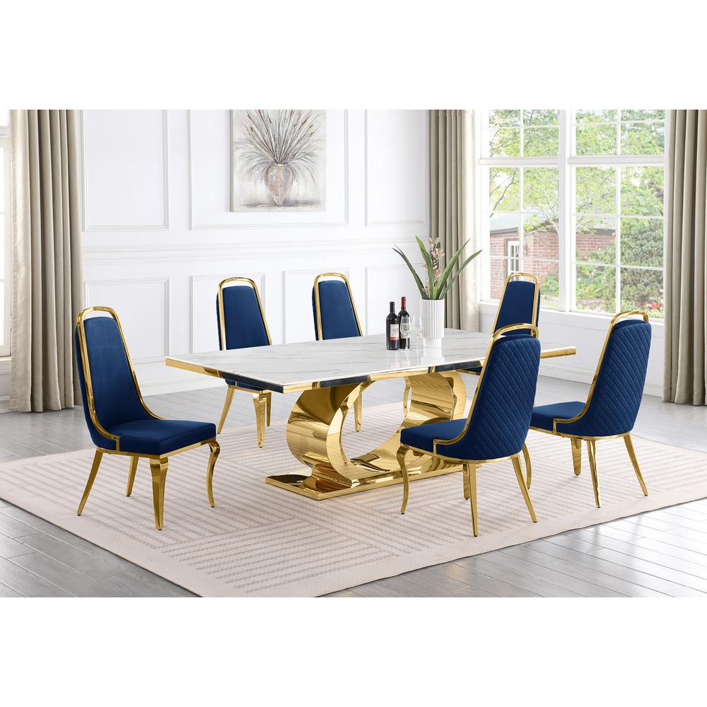 7pc Large (87″) marble top dining set with gold base and 6 Navy blue side chairs