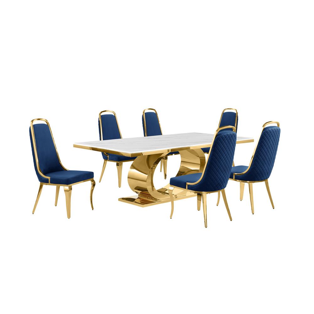 7pc Large (87″) marble top dining set with gold base and 6 Navy blue side chairs