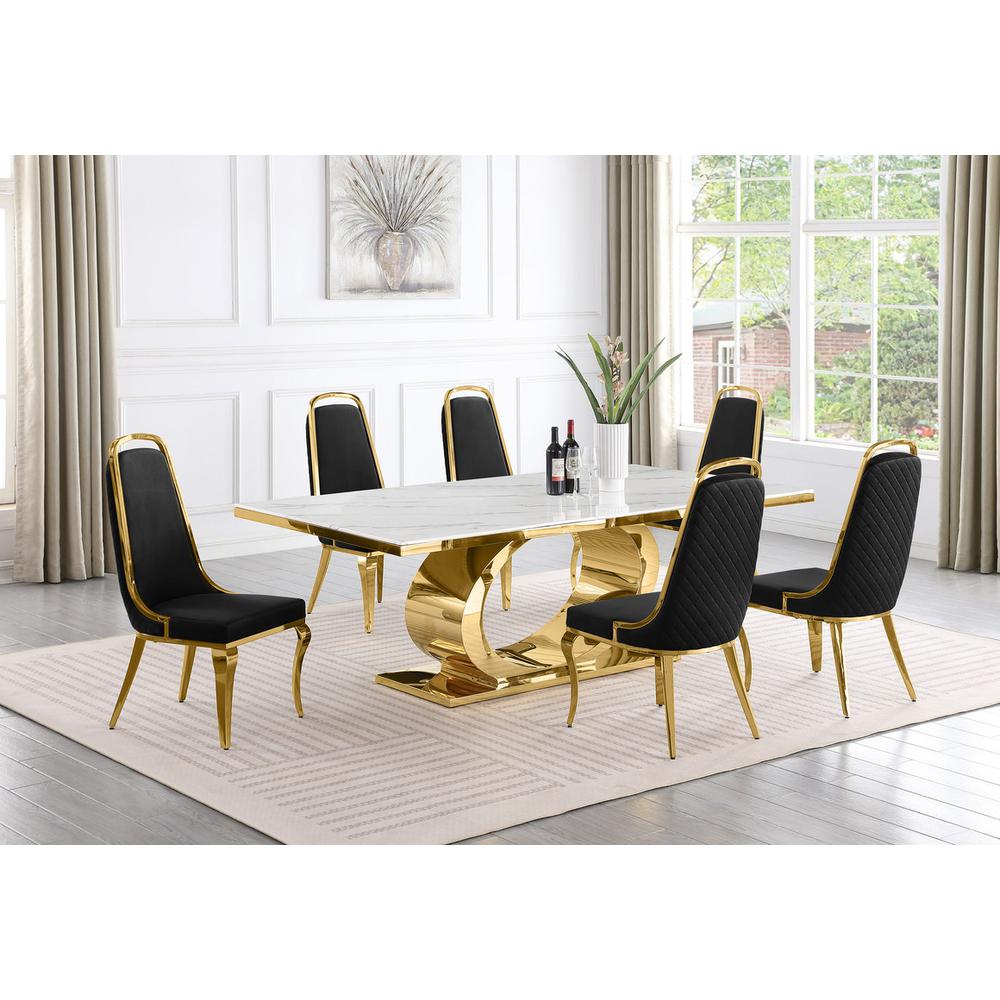 7pc Large (87″) marble top dining set with gold base and 6 Black side chairs