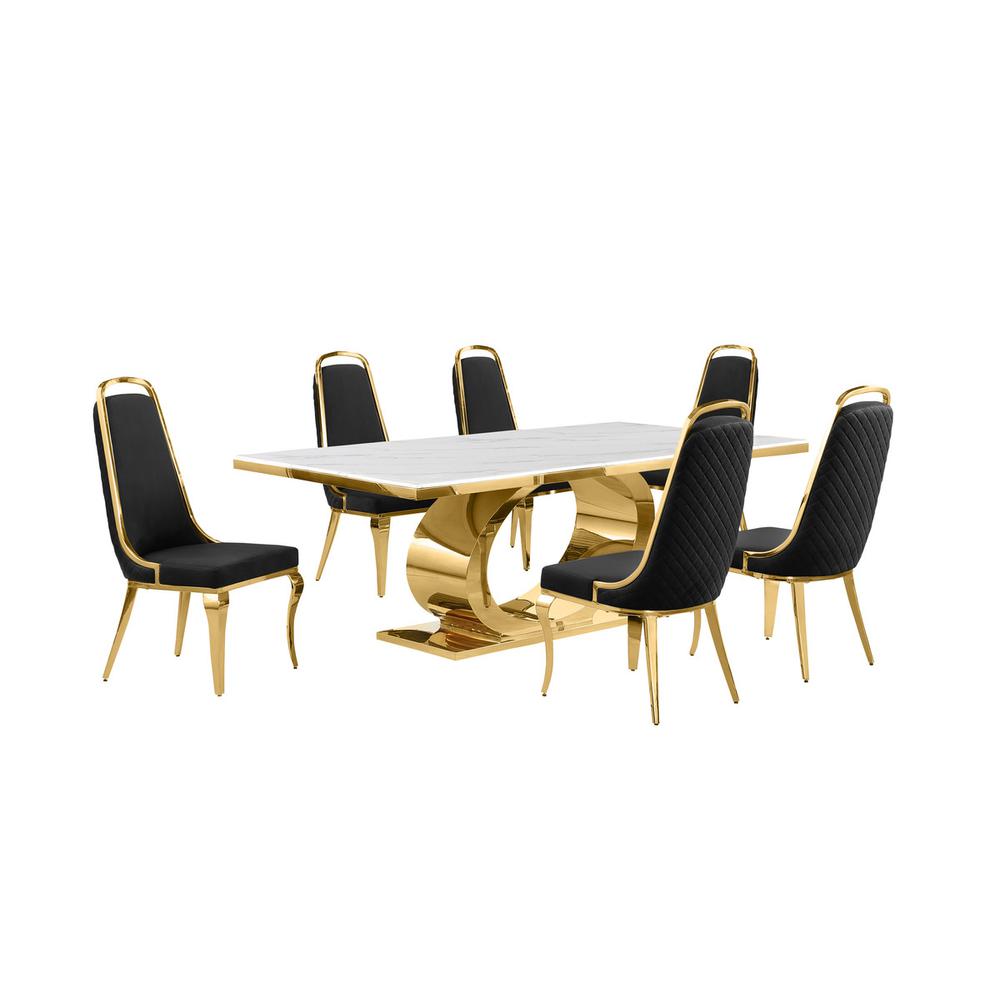 7pc Large (87″) marble top dining set with gold base and 6 Black side chairs