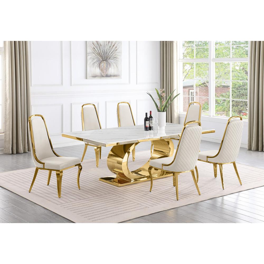 7pc Large (87″) marble top dining set with gold base and 6 Cream side chairs
