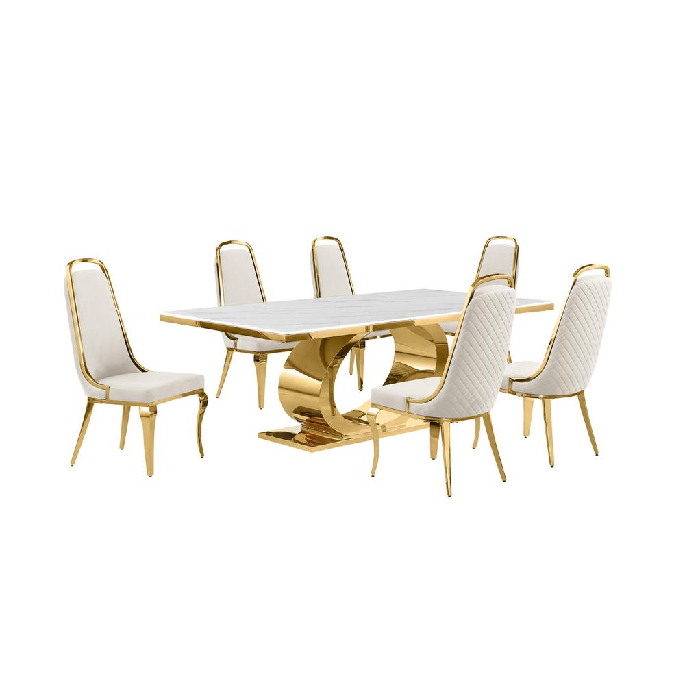 7pc Large (87″) marble top dining set with gold base and 6 Cream side chairs