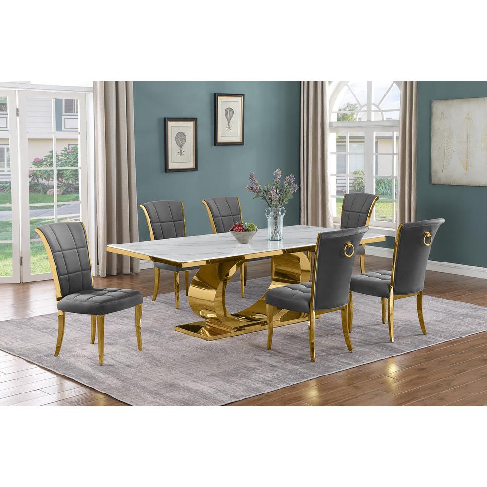 7pc Large(87″) marble top dining set with gold base and 6 Dark grey side chairs