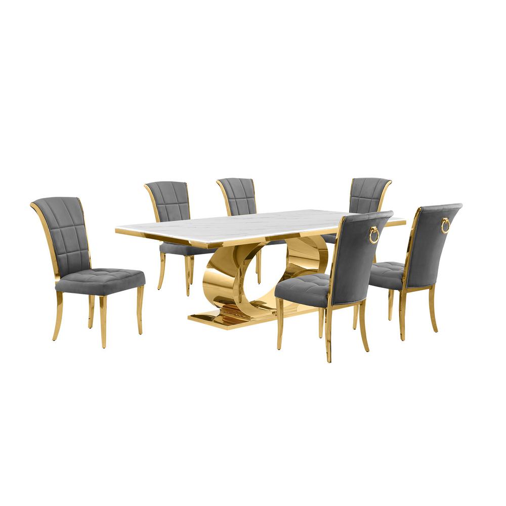 7pc Large(87″) marble top dining set with gold base and 6 Dark grey side chairs