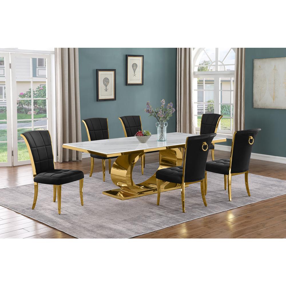 7pc Large(87″) marble top dining set with gold base and 6 Black side chairs