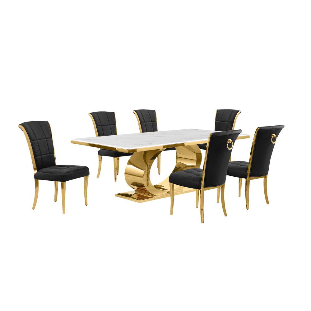 7pc Large(87″) marble top dining set with gold base and 6 Black side chairs