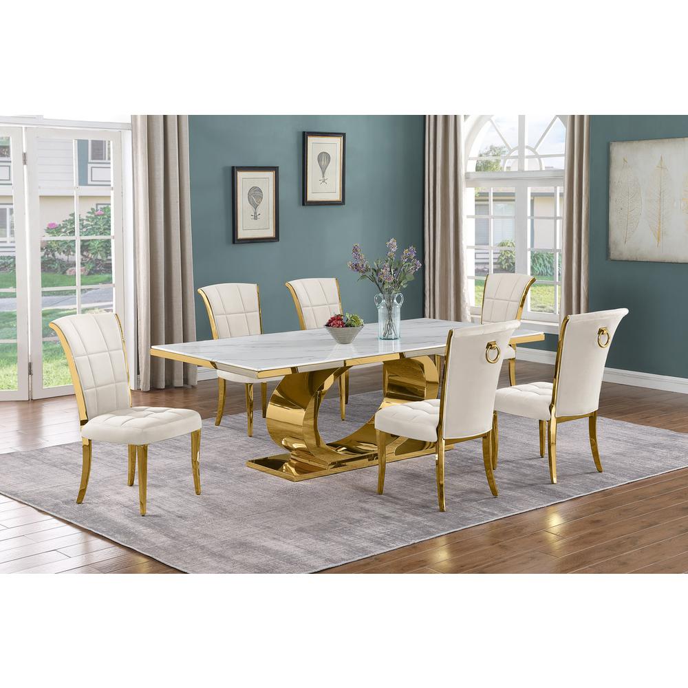 7pc Large(87″) marble top dining set with gold base and 6 Cream side chairs