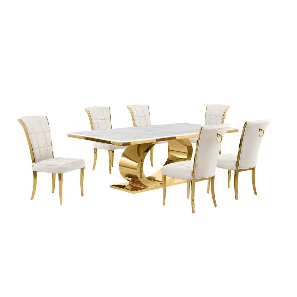 7pc Large(87″) marble top dining set with gold base and 6 Cream side chairs