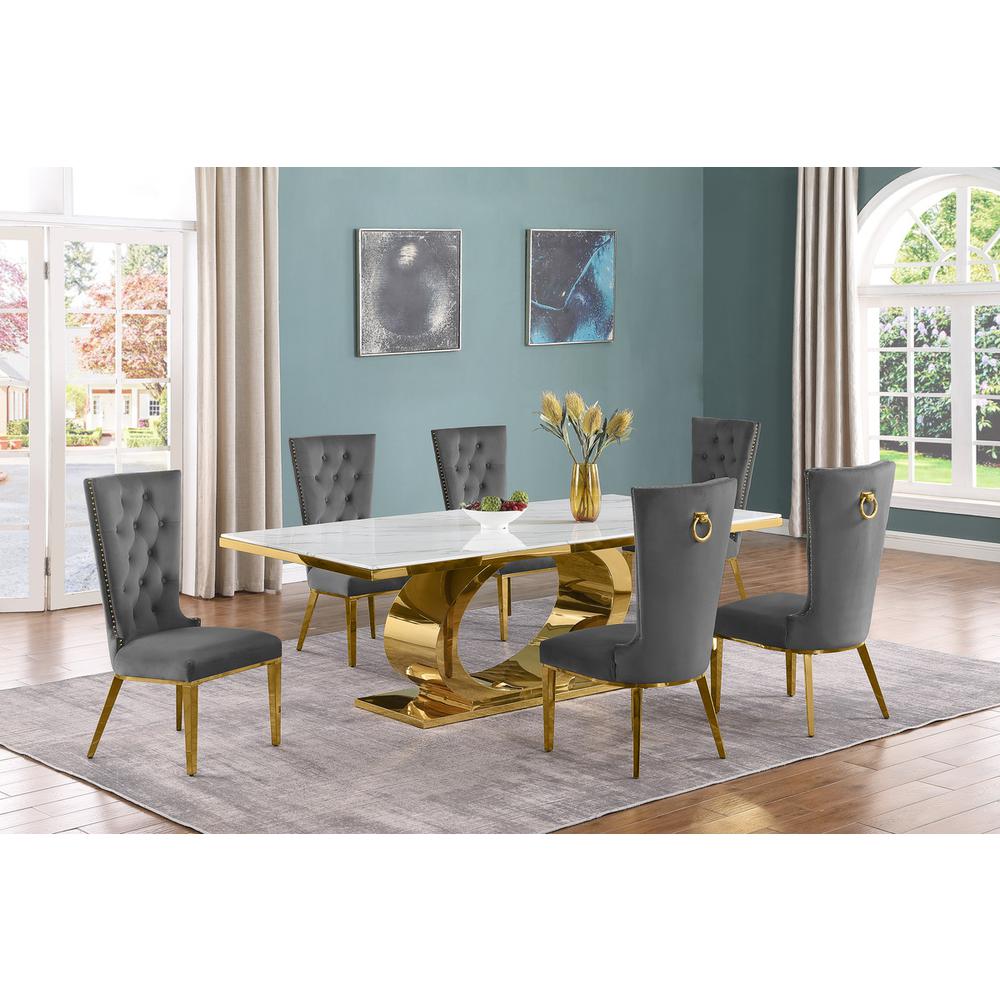 7pc Large(87″) marble top dining set with gold base and 6 Dark grey side chairs