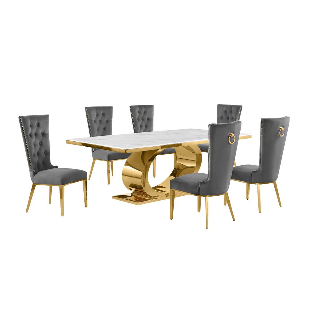 7pc Large(87″) marble top dining set with gold base and 6 Dark grey side chairs