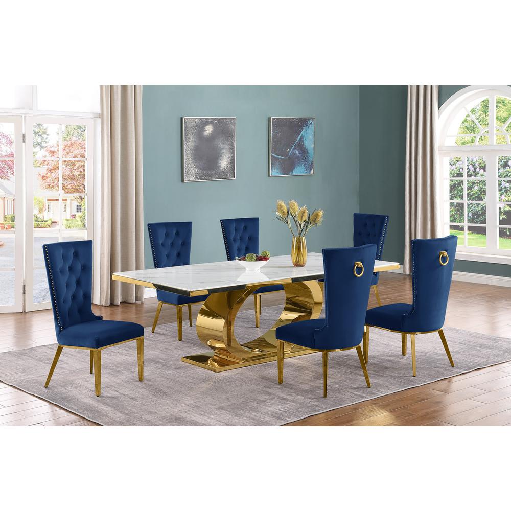 7pc Large(87″) marble top dining set with gold base and 6 Navy blue side chairs
