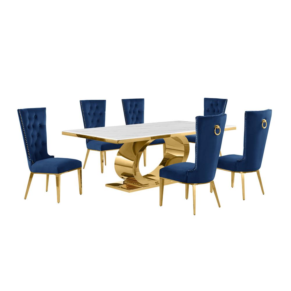 7pc Large(87″) marble top dining set with gold base and 6 Navy blue side chairs