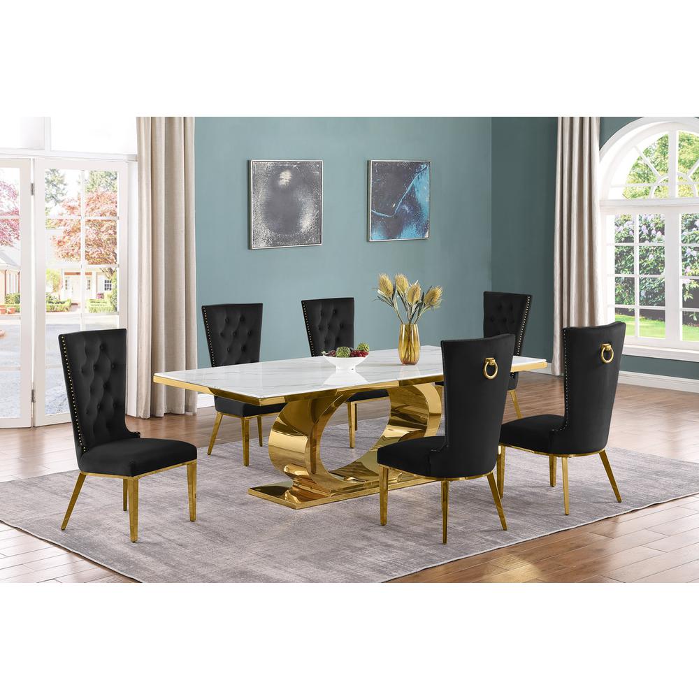 7pc Large(87″) marble top dining set with gold base and 6 Black side chairs