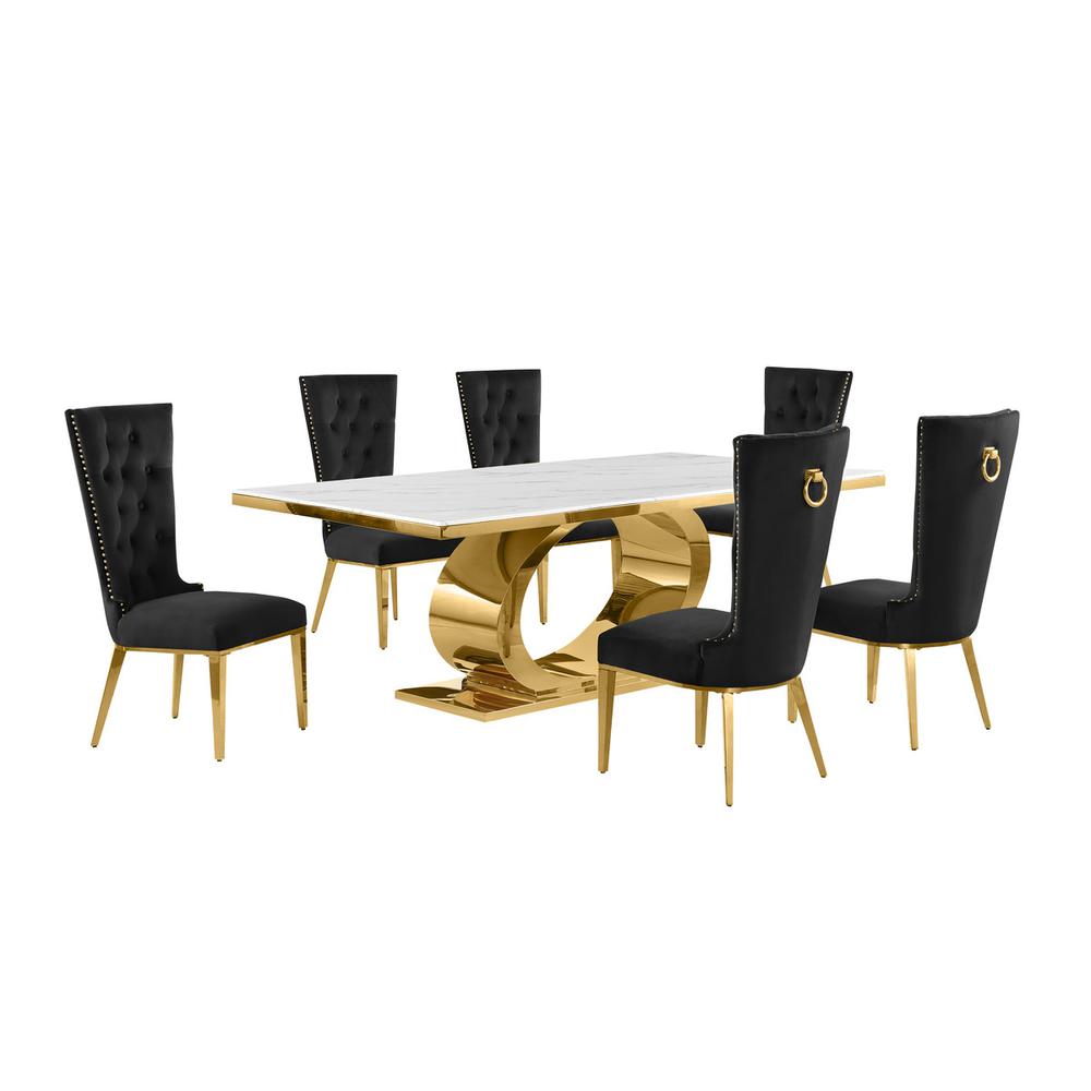 7pc Large(87″) marble top dining set with gold base and 6 Black side chairs