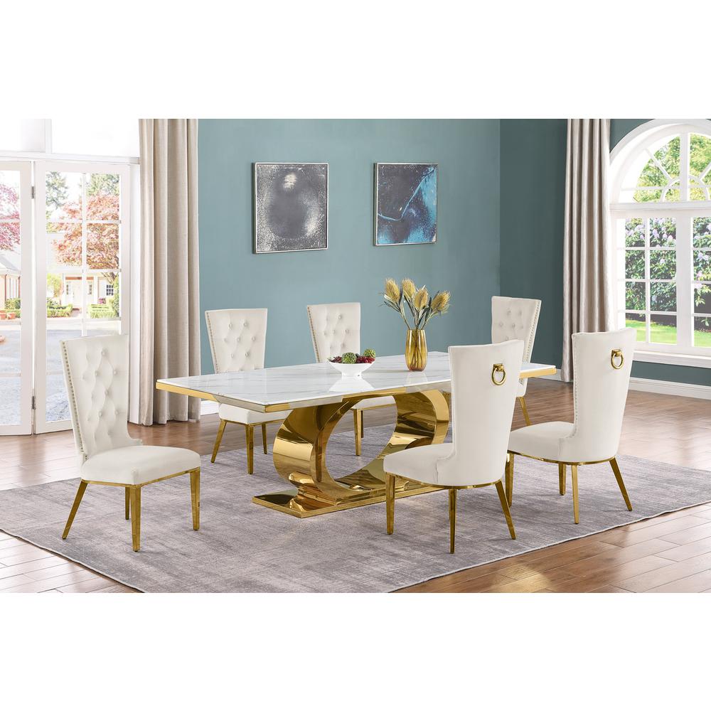 7pc Large(87″) marble top dining set with gold base and 6 Cream side chairs