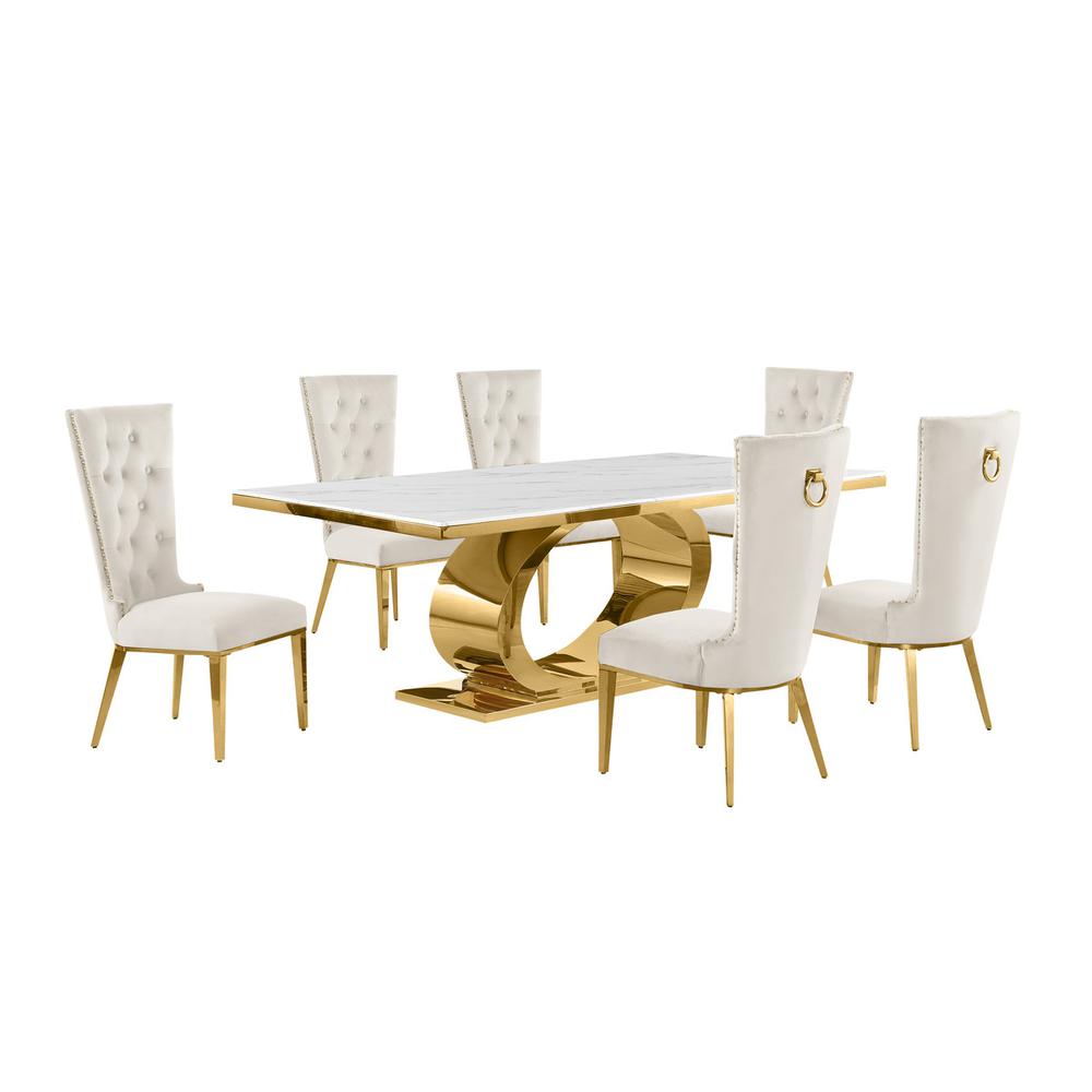 7pc Large(87″) marble top dining set with gold base and 6 Cream side chairs